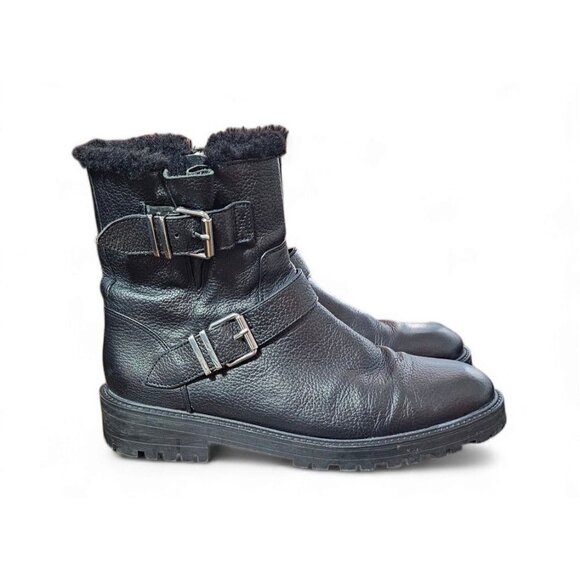 Zara Basic black leather moto combat boots zipper shearling lined EU41 US10 - Picture 7 of 16